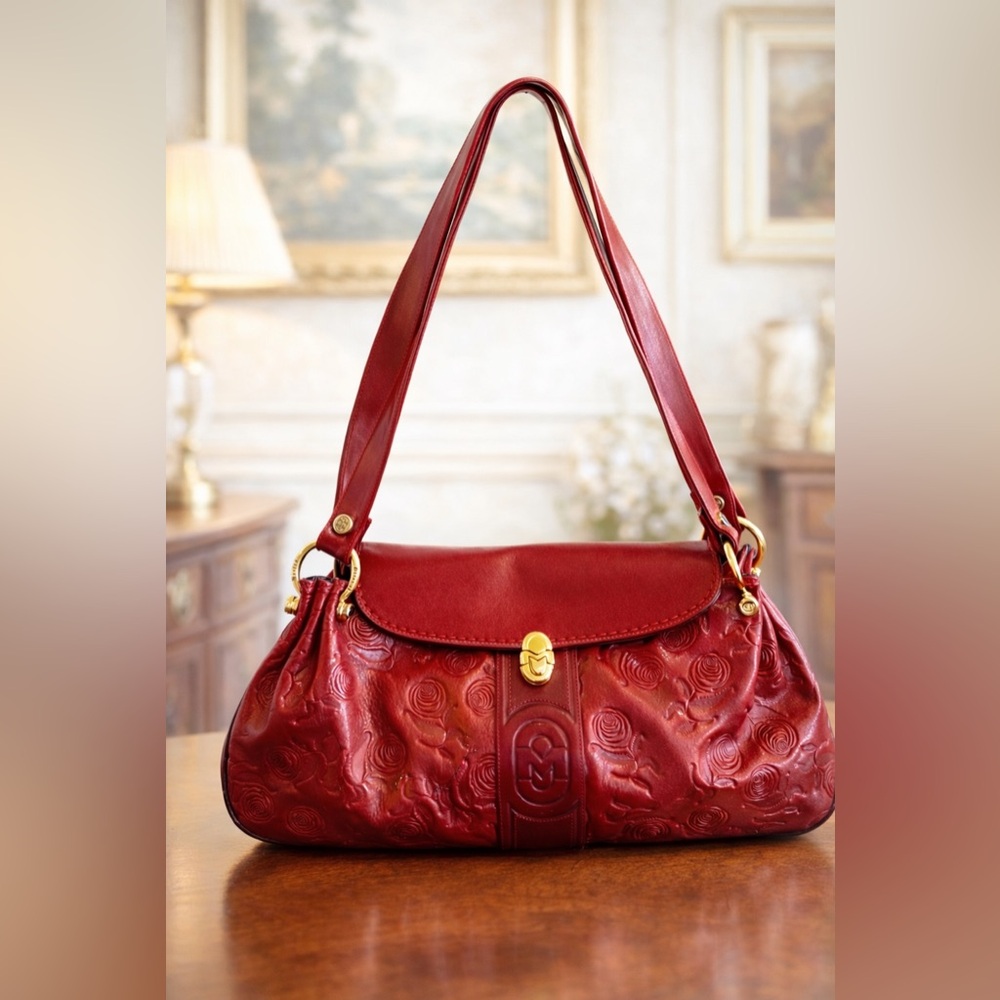 Marino Orlandi Red Embossed‎ Leather Shoulder Bag Floral Tooled Gold Hardware